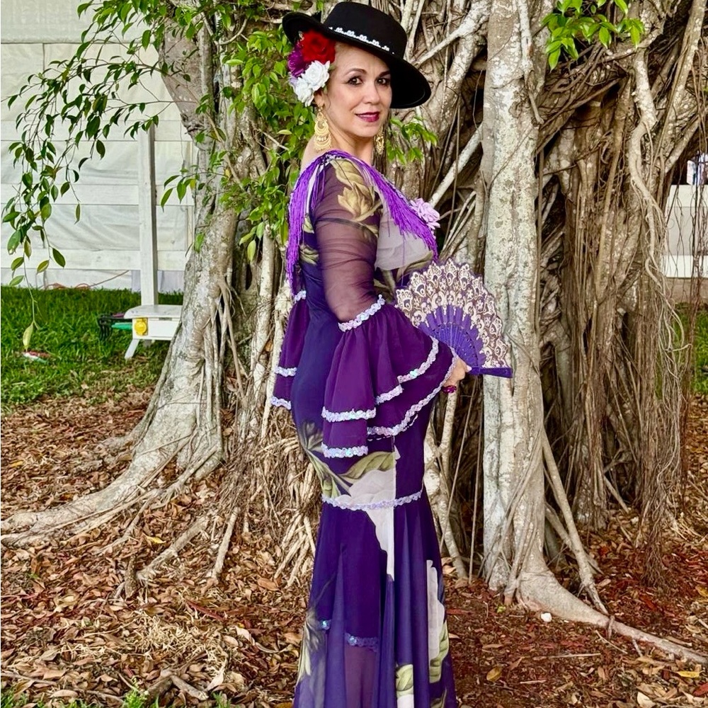 Purple Floral Mesh Maxi Dress with Ruffle Sleeves